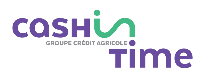 Image of the cash in time logo which shows groupe credit agricole in the middle. The cash and time are purple and 'in' is green.