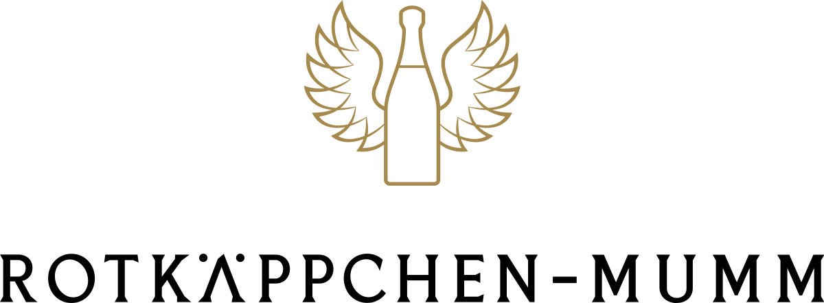 Logo of Rotkappchen Mumm with a gold outline of a bottle of champagne with wings and the company name in black.